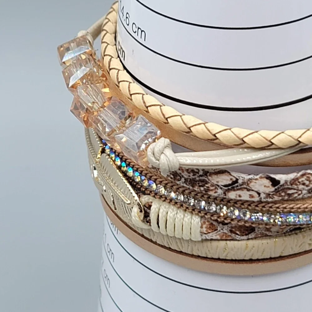 Wrap Bracelet Gold tone Tan Faux Leather Feather Charm Crystal Beads 6.5" - Picture 6 of 8